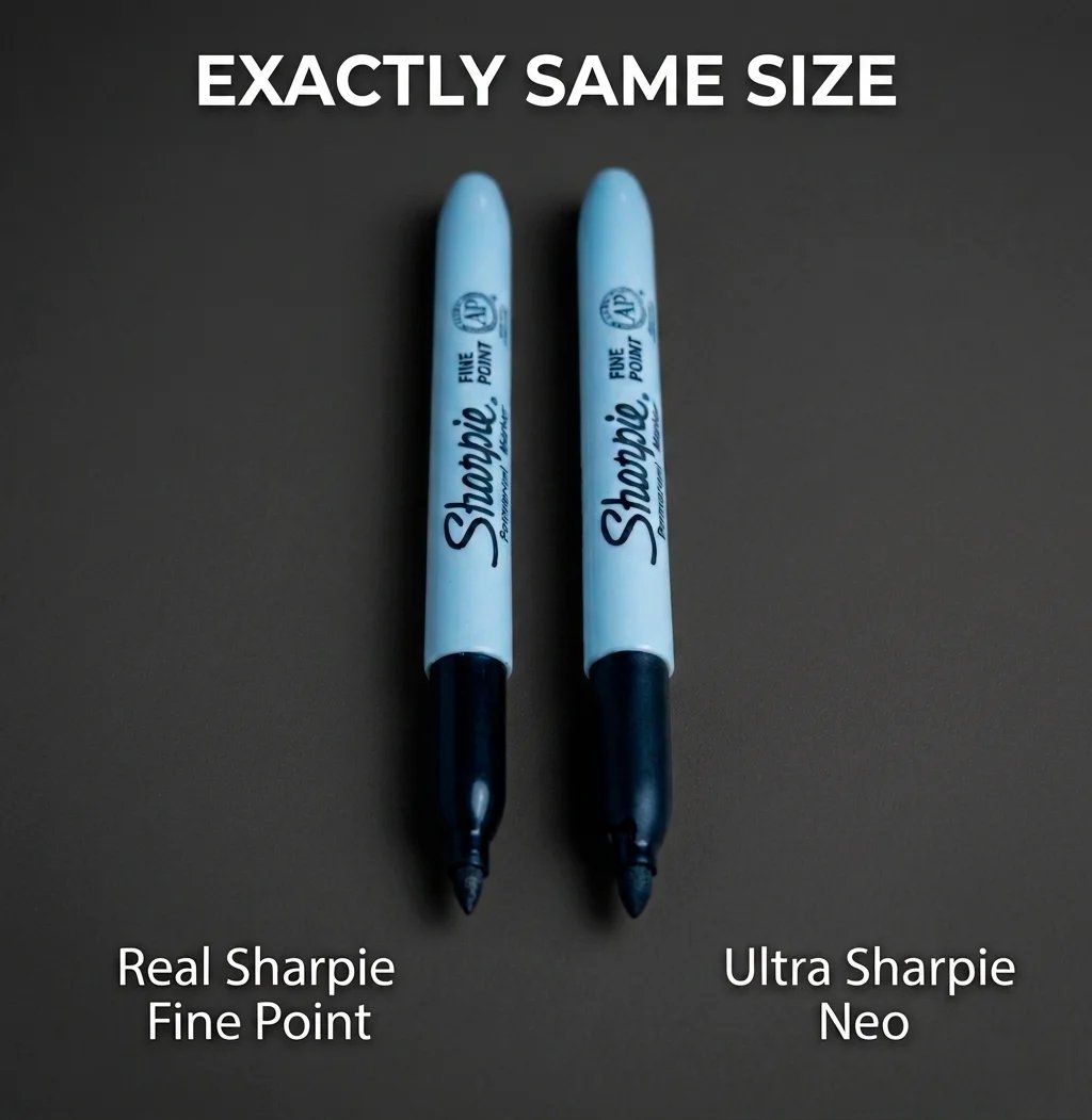 Ultra Sharpie Neo side by side with a regular Sharpie Fine Point, visually identical